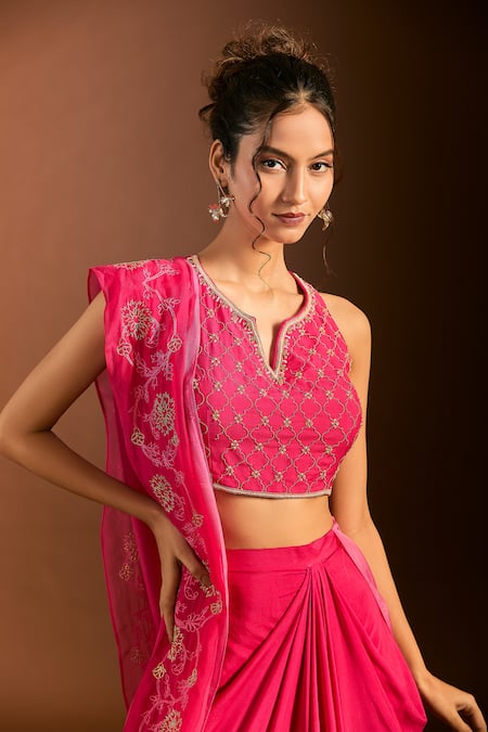 Meghna Shah_Pink Organza, Embroidery Split V-neck Jaal Blouse And Dhoti Skirt Set _Online_at_Aza_Fashions