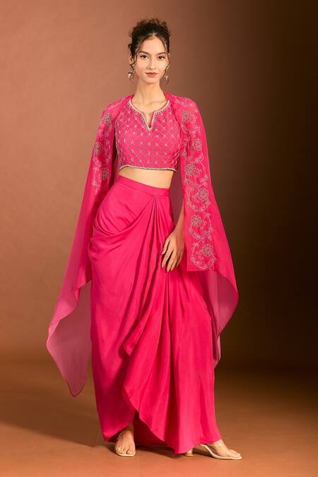 Buy_Meghna Shah_Pink Organza, Embroidery Split V-neck Jaal Blouse And Dhoti Skirt Set 