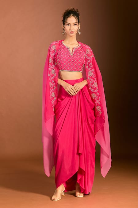 Shop_Meghna Shah_Pink Organza, Embroidery Split V-neck Jaal Blouse And Dhoti Skirt Set 