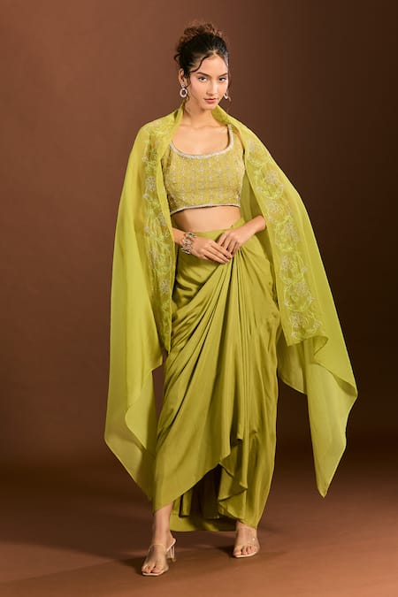Meghna Shah_Green Organza, Zari, Embroidery Foliage Blouse And Dhoti Skirt Set _Online_at_Aza_Fashions