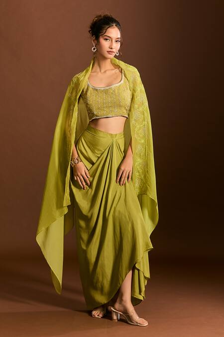 Buy_Meghna Shah_Green Organza, Zari, Embroidery Foliage Blouse And Dhoti Skirt Set _Online_at_Aza_Fashions
