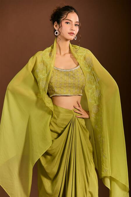 Shop_Meghna Shah_Green Organza, Zari, Embroidery Foliage Blouse And Dhoti Skirt Set _Online_at_Aza_Fashions