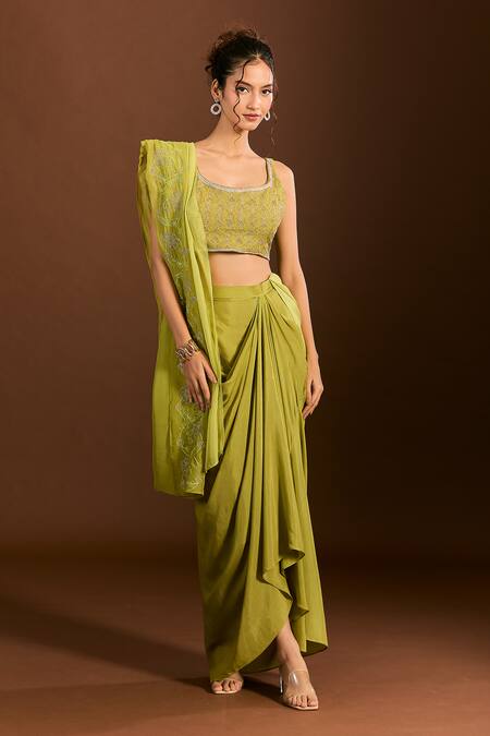 Meghna Shah_Green Organza, Zari, Embroidery Foliage Blouse And Dhoti Skirt Set _at_Aza_Fashions