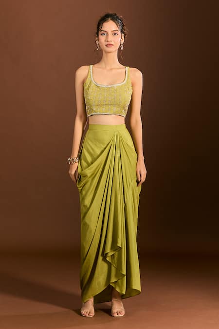 Buy_Meghna Shah_Green Organza, Zari, Embroidery Foliage Blouse And Dhoti Skirt Set 