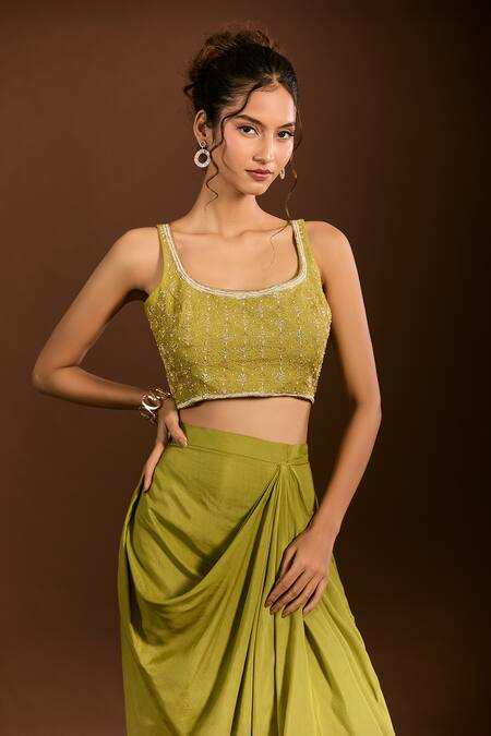 Shop_Meghna Shah_Green Organza, Zari, Embroidery Foliage Blouse And Dhoti Skirt Set 