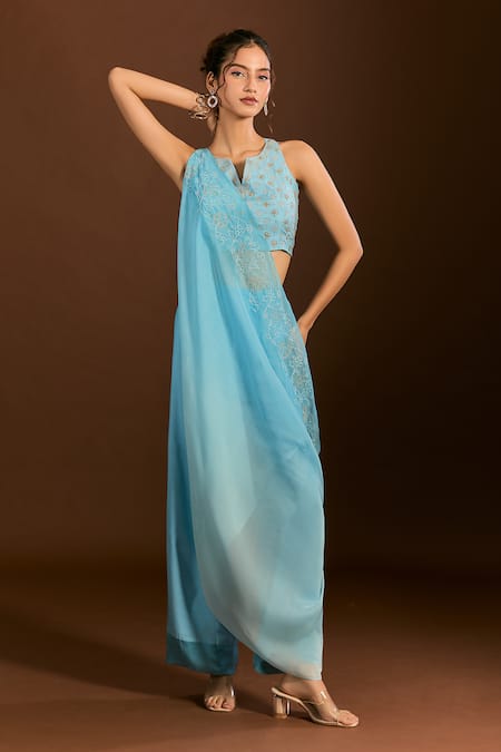 Buy_Meghna Shah_Blue Silk Zari, Embroidery Split V-neck Blouse Pant Set _Online_at_Aza_Fashions