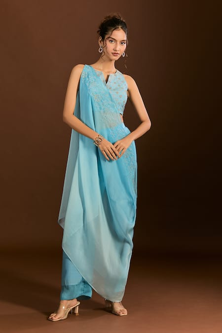 Shop_Meghna Shah_Blue Silk Zari, Embroidery Split V-neck Blouse Pant Set _Online_at_Aza_Fashions