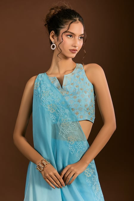 Meghna Shah_Blue Silk Zari, Embroidery Split V-neck Blouse Pant Set _at_Aza_Fashions