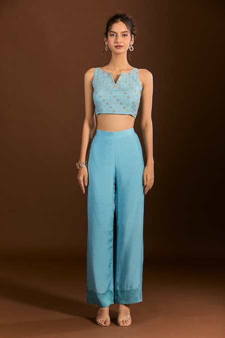 Buy_Meghna Shah_Blue Silk Zari, Embroidery Split V-neck Blouse Pant Set 