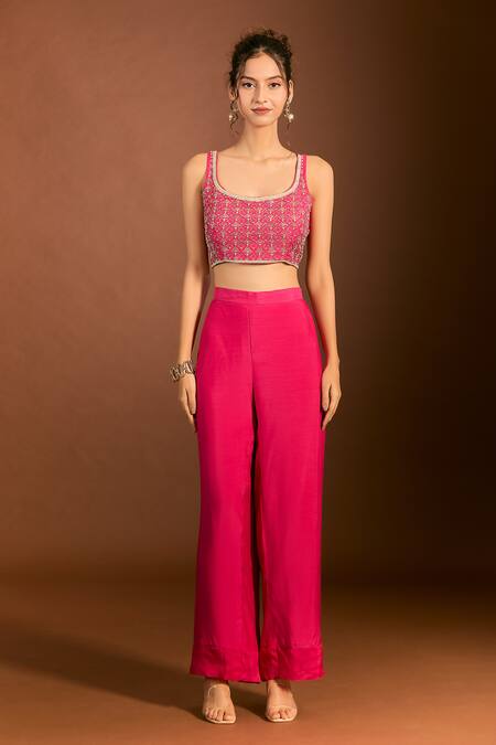 Meghna Shah_Pink Silk, Chiffon Embroidery Scoop Neck Foliage Blouse And Ombre Pant Set _Online_at_Aza_Fashions