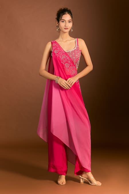 Shop_Meghna Shah_Pink Silk, Chiffon Embroidery Scoop Neck Foliage Blouse And Ombre Pant Set _Online_at_Aza_Fashions