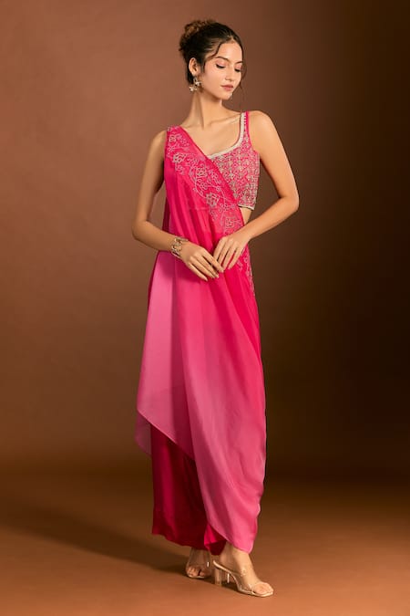 Meghna Shah_Pink Silk, Chiffon Embroidery Scoop Neck Foliage Blouse And Ombre Pant Set _at_Aza_Fashions