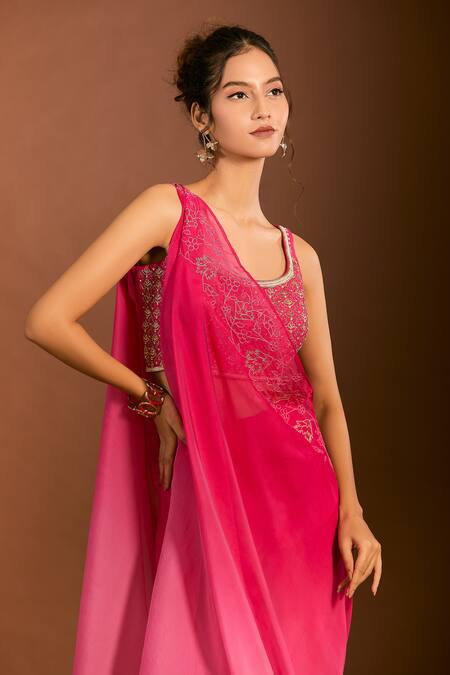 Buy_Meghna Shah_Pink Silk, Chiffon Embroidery Scoop Neck Foliage Blouse And Ombre Pant Set 