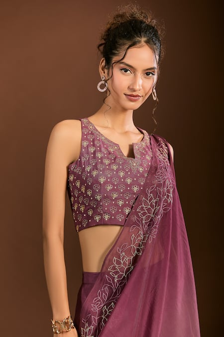 Meghna Shah_Purple Silk, Chiffon Embroidery Split V-neck Foliage Blouse Pant Set _Online_at_Aza_Fashions