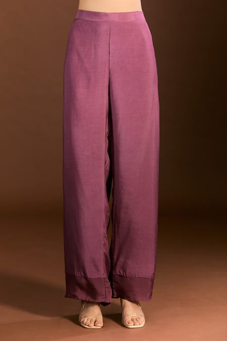Buy_Meghna Shah_Purple Silk, Chiffon Embroidery Split V-neck Foliage Blouse Pant Set _Online_at_Aza_Fashions
