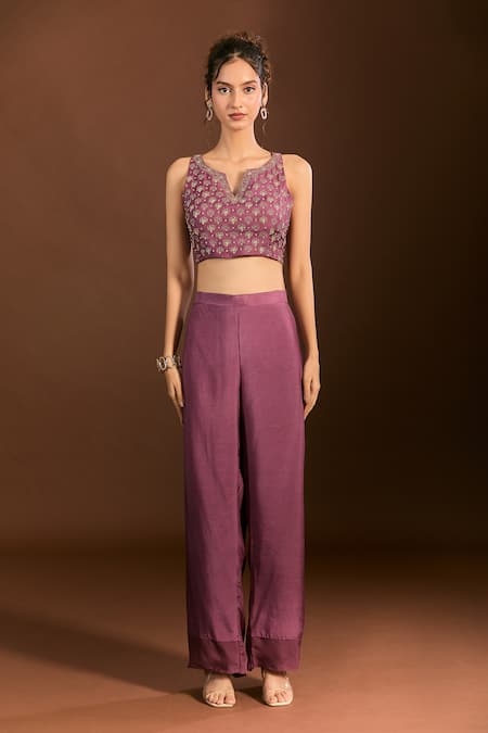 Shop_Meghna Shah_Purple Silk, Chiffon Embroidery Split V-neck Foliage Blouse Pant Set _Online_at_Aza_Fashions