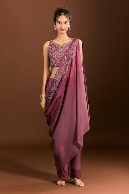 Meghna Shah_Purple Silk, Chiffon Embroidery Split V-neck Foliage Blouse Pant Set _at_Aza_Fashions