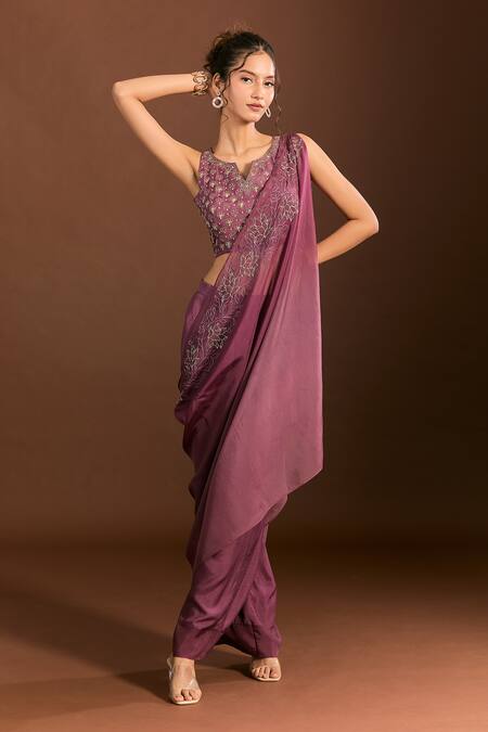 Buy_Meghna Shah_Purple Silk, Chiffon Embroidery Split V-neck Foliage Blouse Pant Set 