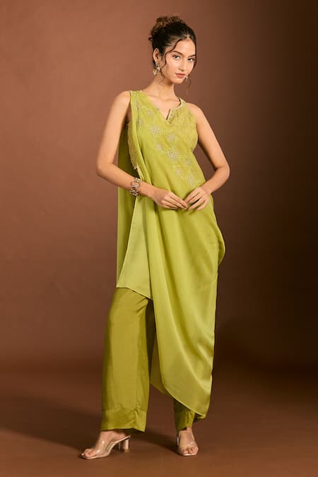 Meghna Shah_Green Silk Zari, Embroidery Split V-neck Blouse Pant Set _Online_at_Aza_Fashions