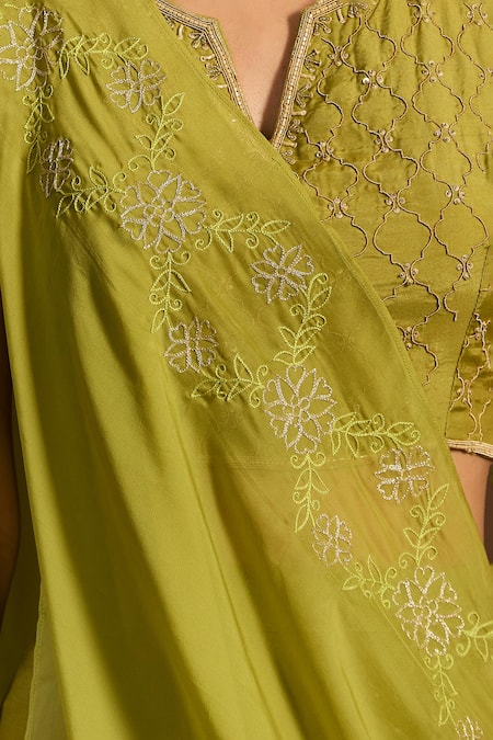 Shop_Meghna Shah_Green Silk Zari, Embroidery Split V-neck Blouse Pant Set _Online_at_Aza_Fashions