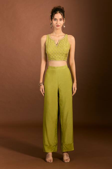 Meghna Shah_Green Silk Zari, Embroidery Split V-neck Blouse Pant Set _at_Aza_Fashions