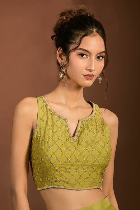 Buy_Meghna Shah_Green Silk Zari, Embroidery Split V-neck Blouse Pant Set 