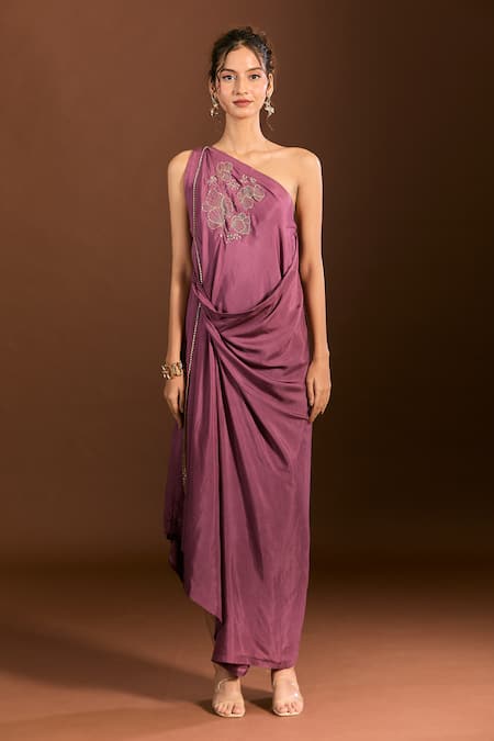 Meghna Shah_Purple Silk Zari, Embroidery One Shoulder Floral Draped Gown _Online_at_Aza_Fashions