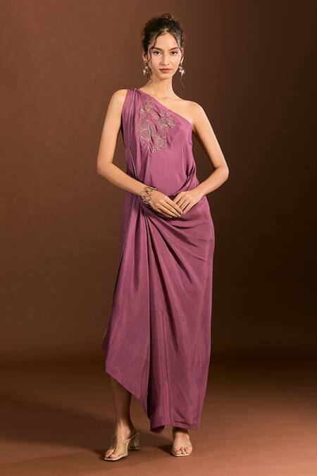 Shop_Meghna Shah_Purple Silk Zari, Embroidery One Shoulder Floral Draped Gown _Online_at_Aza_Fashions