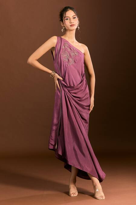 Meghna Shah_Purple Silk Zari, Embroidery One Shoulder Floral Draped Gown _at_Aza_Fashions