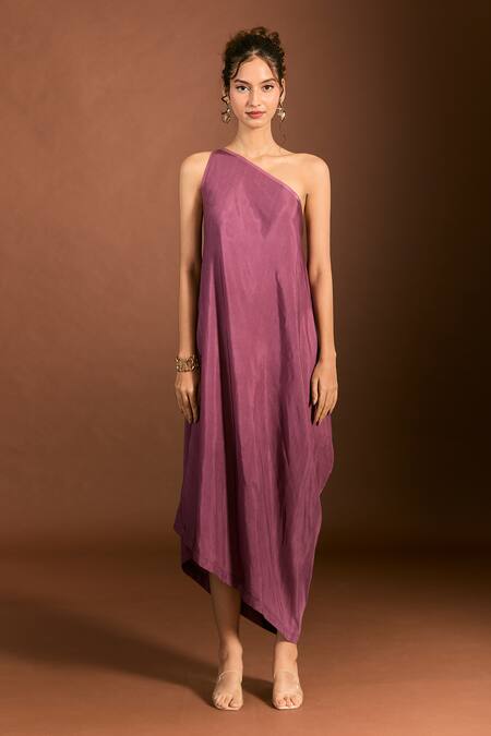 Buy_Meghna Shah_Purple Silk Zari, Embroidery One Shoulder Floral Draped Gown 