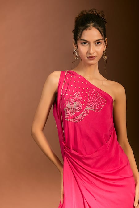 Meghna Shah_Pink Silk Zari, Embroidery One Shoulder Asymmetric Draped Floral Gown _Online_at_Aza_Fashions