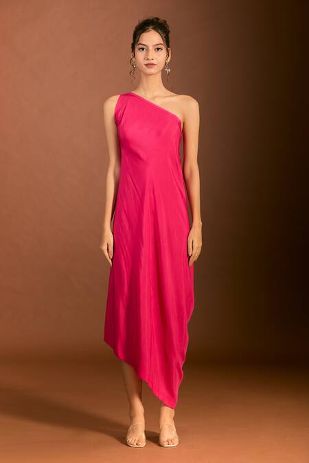 Shop_Meghna Shah_Pink Silk Zari, Embroidery One Shoulder Asymmetric Draped Floral Gown _Online_at_Aza_Fashions