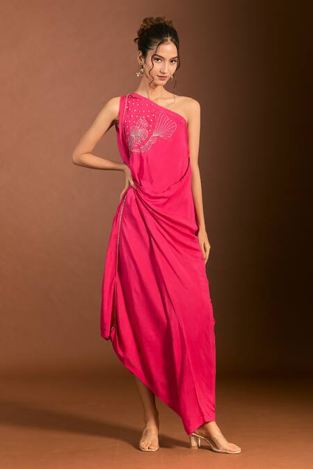 Meghna Shah_Pink Silk Zari, Embroidery One Shoulder Asymmetric Draped Floral Gown _at_Aza_Fashions