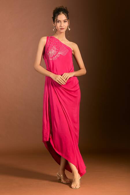 Buy_Meghna Shah_Pink Silk Zari, Embroidery One Shoulder Asymmetric Draped Floral Gown 