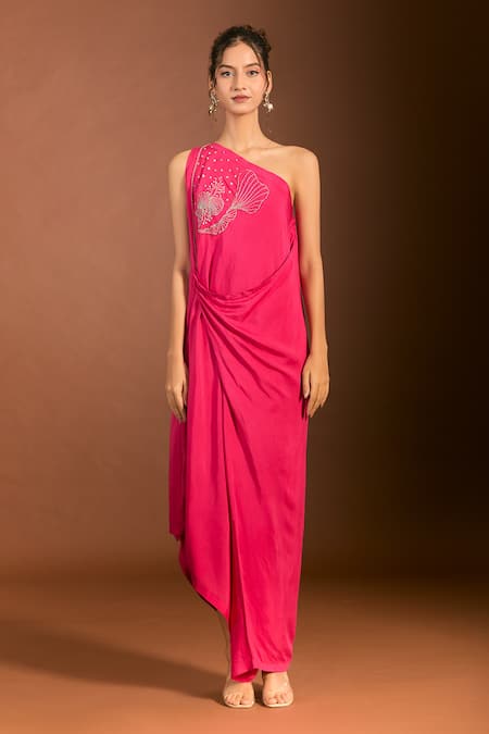 Shop_Meghna Shah_Pink Silk Zari, Embroidery One Shoulder Asymmetric Draped Floral Gown 