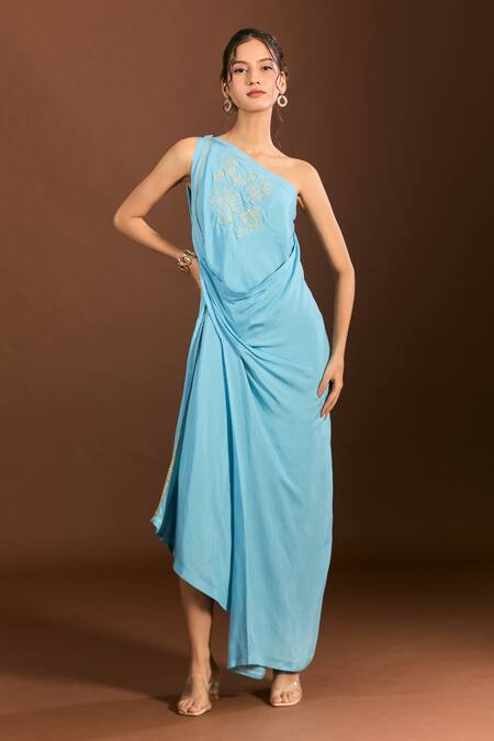 Buy_Meghna Shah_Blue Silk Embroidery One Shoulder Asymmetric Draped Floral Gown _Online_at_Aza_Fashions