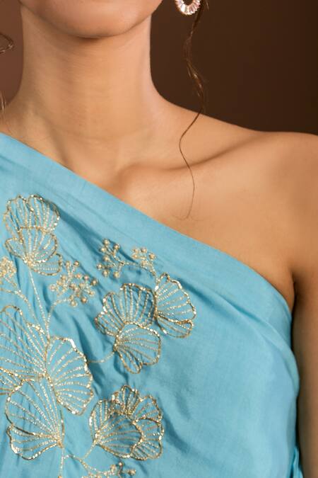 Meghna Shah_Blue Silk Embroidery One Shoulder Asymmetric Draped Floral Gown _at_Aza_Fashions