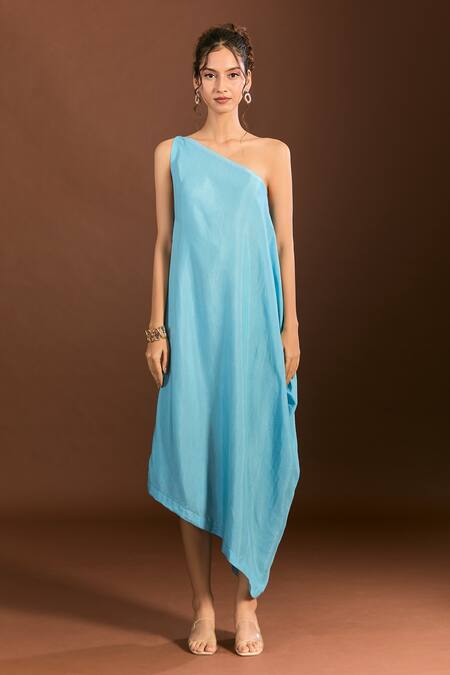 Shop_Meghna Shah_Blue Silk Embroidery One Shoulder Asymmetric Draped Floral Gown 