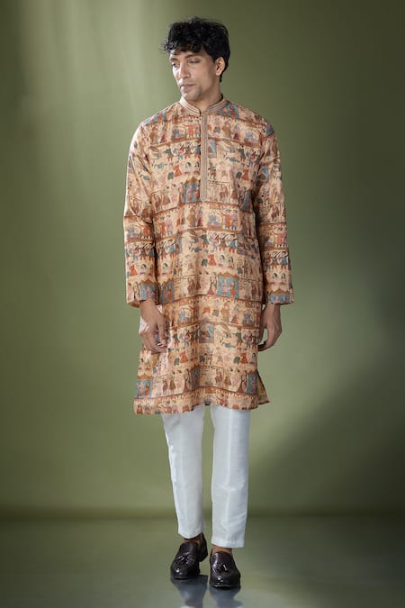 Rng Safawala_Beige Cotton, Silk Tribal Printed Kurta Set_at_Aza_Fashions