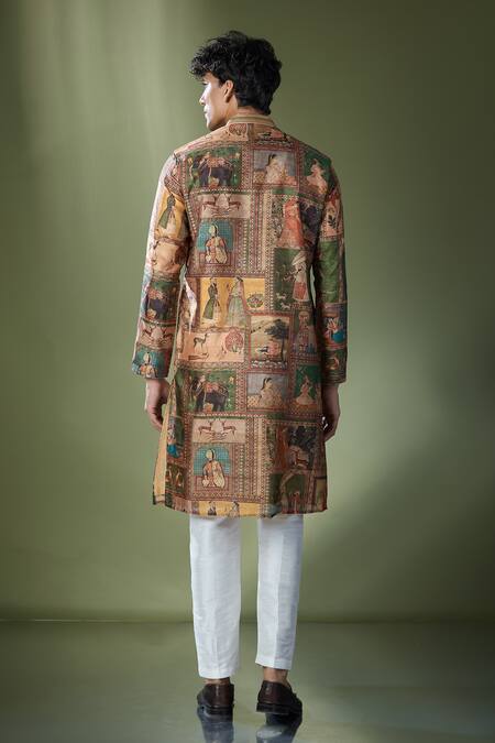 Shop Rng Safawala Beige Cotton, Silk Embroidery Tribal Printed Kurta Set at Aza Fashions Shop_Rng Safawala_Beige Cotton, Silk Embroidery Tribal Printed Kurta Set_at_Aza_Fashions