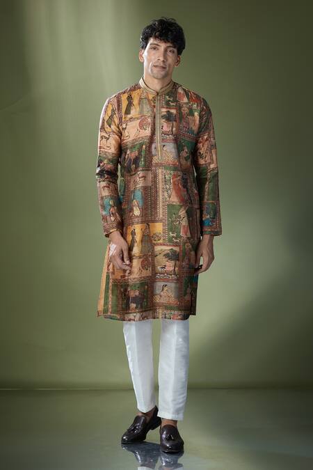 Rng Safawala Beige Cotton, Silk Embroidery Tribal Printed Kurta Set Online at Aza Fashions Rng Safawala_Beige Cotton, Silk Embroidery Tribal Printed Kurta Set_Online_at_Aza_Fashions