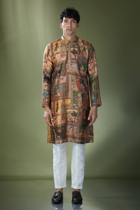 Rng Safawala Beige Cotton, Silk Embroidery Tribal Printed Kurta Set at Aza Fashions Rng Safawala_Beige Cotton, Silk Embroidery Tribal Printed Kurta Set_at_Aza_Fashions