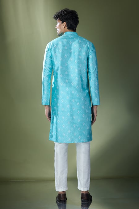 Shop Rng Safawala Blue Cotton, Silk Ikat Printed Kurta Set at Aza Fashions Shop_Rng Safawala_Blue Cotton, Silk Ikat Printed Kurta Set_at_Aza_Fashions