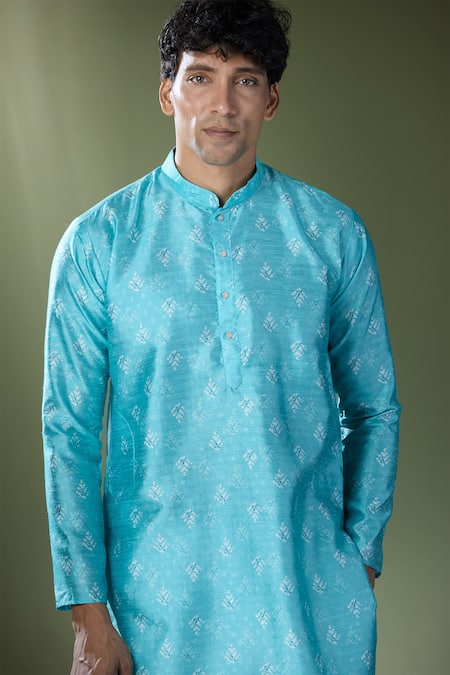 Rng Safawala Blue Cotton, Silk Ikat Printed Kurta Set Online at Aza Fashions Rng Safawala_Blue Cotton, Silk Ikat Printed Kurta Set_Online_at_Aza_Fashions