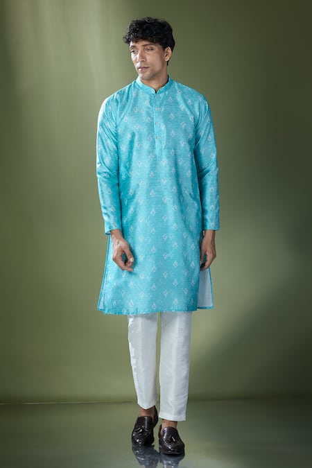 Shop Rng Safawala Blue Cotton, Silk Ikat Printed Kurta Set Online at Aza Fashions Shop_Rng Safawala_Blue Cotton, Silk Ikat Printed Kurta Set_Online_at_Aza_Fashions