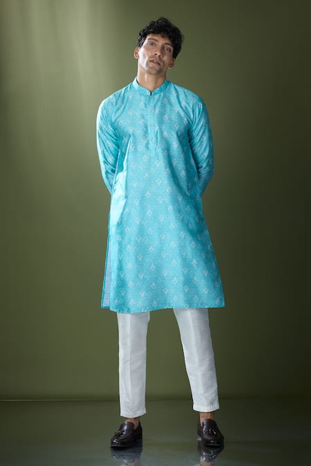 Rng Safawala Blue Cotton, Silk Ikat Printed Kurta Set at Aza Fashions Rng Safawala_Blue Cotton, Silk Ikat Printed Kurta Set_at_Aza_Fashions
