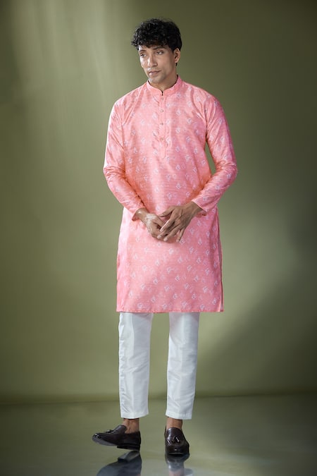 Rng Safawala_Pink Cotton, Silk Ikat Printed Kurta And Pant Set_at_Aza_Fashions