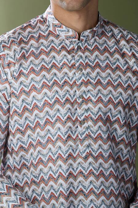 Rng Safawala White Cotton, Silk Chevron Print Kurta Set Online at Aza Fashions Rng Safawala_White Cotton, Silk Chevron Print Kurta Set_Online_at_Aza_Fashions