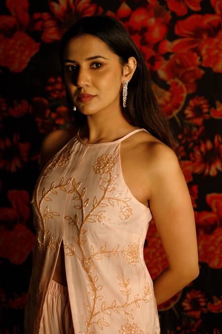 Buy House Of TA-YA Peach Viscose, Silk, Georgette Pearls, Beads Halter Neck Embroidered Kurta Set Buy_House Of TA-YA_Peach Viscose, Silk, Georgette Pearls, Beads Halter Neck Embroidered Kurta Set