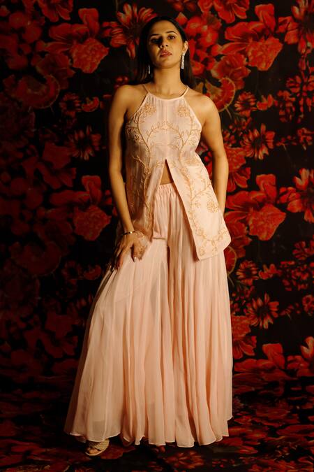 Shop House Of TA-YA Peach Viscose, Silk, Georgette Pearls, Beads Halter Neck Embroidered Kurta Set Shop_House Of TA-YA_Peach Viscose, Silk, Georgette Pearls, Beads Halter Neck Embroidered Kurta Set